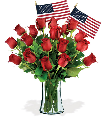 18 Red Roses & USA Flags