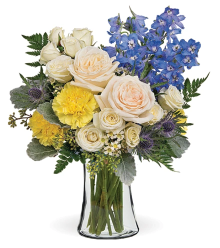 【THEAIRTOWN】blueming flower set up Blue and Ivory Flower Arrangement in Mini Ceramic Rain Boot